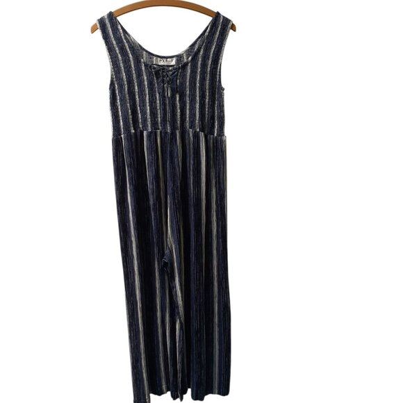 Vintage FX Fashions Jumpsuit Womens Large Navy Stripe Wide Leg Tie Sleeveless - Picture 2 of 8